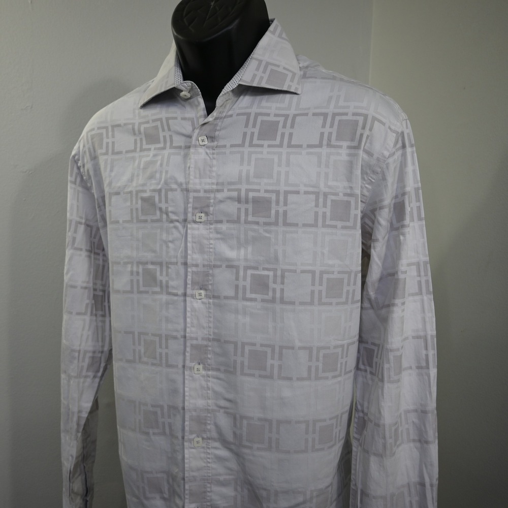 Bugatchi Dress Shirt Mens L Shaped Fit Gray Geometric Long Sleeve Button Up